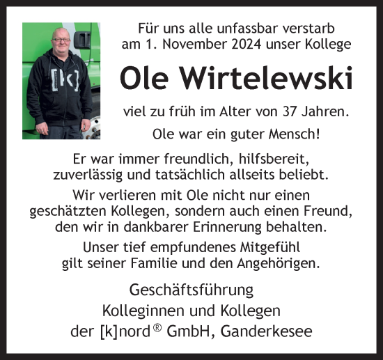 Traueranzeige von Ole Wirtelewski von DK Medien GmbH & Co. KG