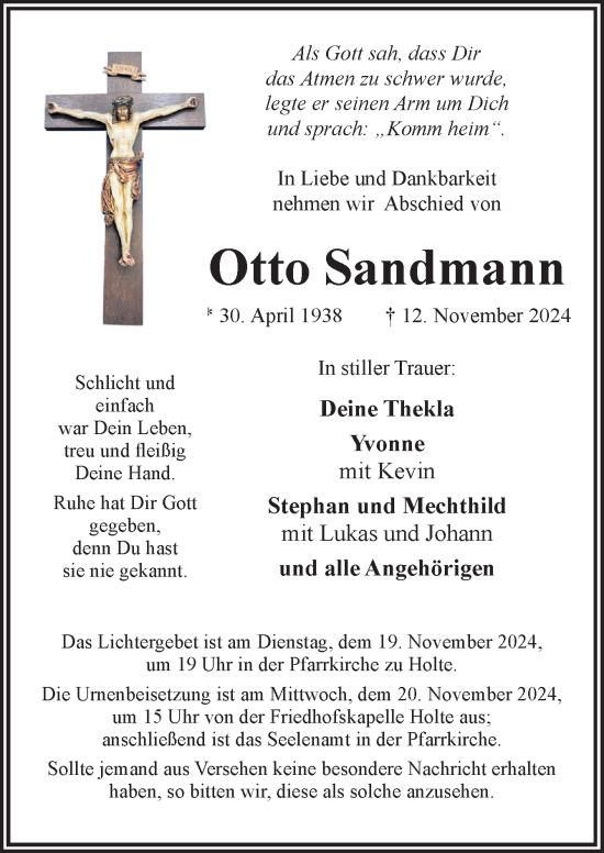 Traueranzeige von Otto Sandmann von Neue Osnabrücker Zeitung GmbH & Co. KG