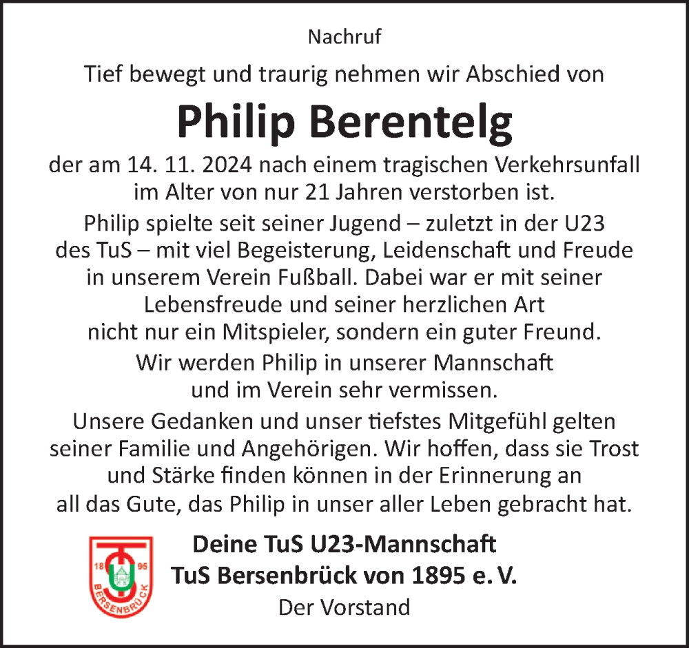 Traueranzeige für Philip Berentelg vom 21.11.2024 aus Neue Osnabrücker Zeitung GmbH & Co. KG