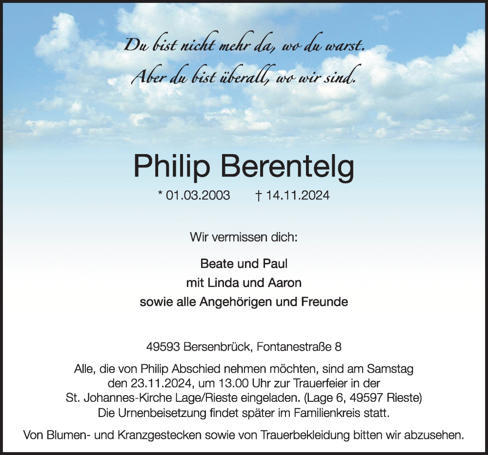  Traueranzeige für Philip Berentelg vom 20.11.2024 aus Neue Osnabrücker Zeitung GmbH & Co. KG