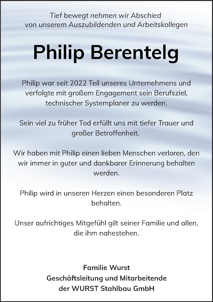  Traueranzeige für Philip Berentelg vom 21.11.2024 aus Neue Osnabrücker Zeitung GmbH & Co. KG