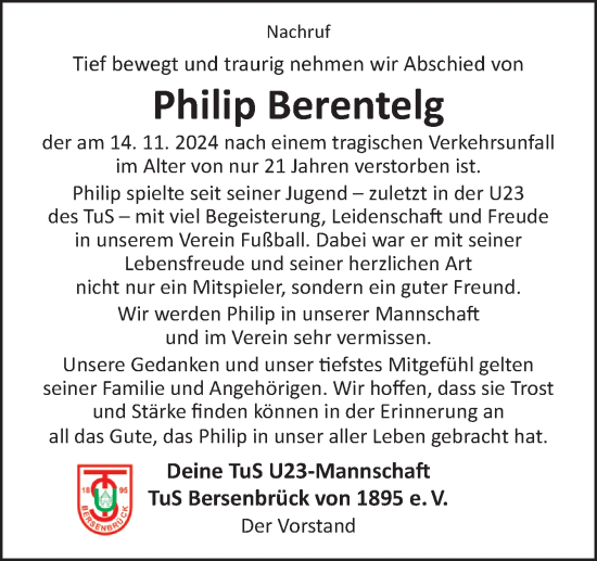 Traueranzeige von Philip Berentelg von Neue Osnabrücker Zeitung GmbH & Co. KG