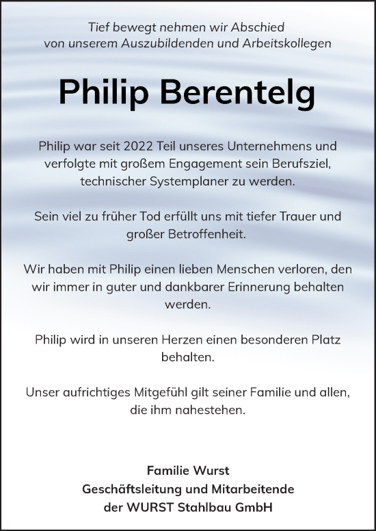 Traueranzeige von Philip Berentelg von Neue Osnabrücker Zeitung GmbH & Co. KG