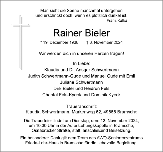 Traueranzeige von Rainer Bieler von Neue Osnabrücker Zeitung GmbH & Co. KG