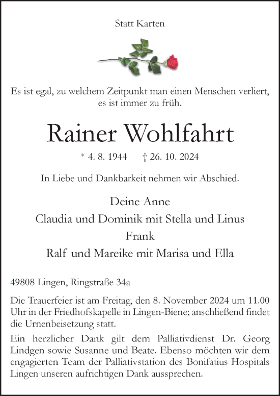 Traueranzeige von Rainer Wohlfahrt von Neue Osnabrücker Zeitung GmbH & Co. KG