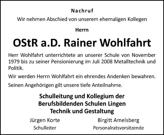 Traueranzeige von Rainer Wohlfahrt von Neue Osnabrücker Zeitung GmbH & Co. KG