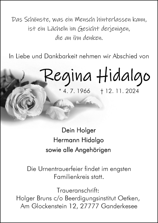 Traueranzeige von Regina Hidalgo von DK Medien GmbH & Co. KG