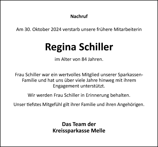 Traueranzeige von Regina Schiller von Neue Osnabrücker Zeitung GmbH & Co. KG