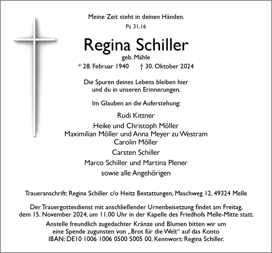 Traueranzeige von Regina Schiller von Neue Osnabrücker Zeitung GmbH & Co. KG