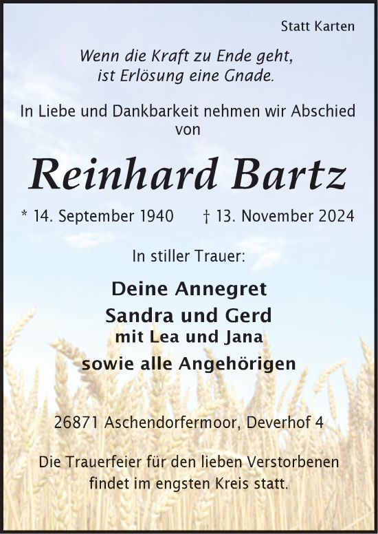 Traueranzeige von Reinhard Bartz von Neue Osnabrücker Zeitung GmbH & Co. KG