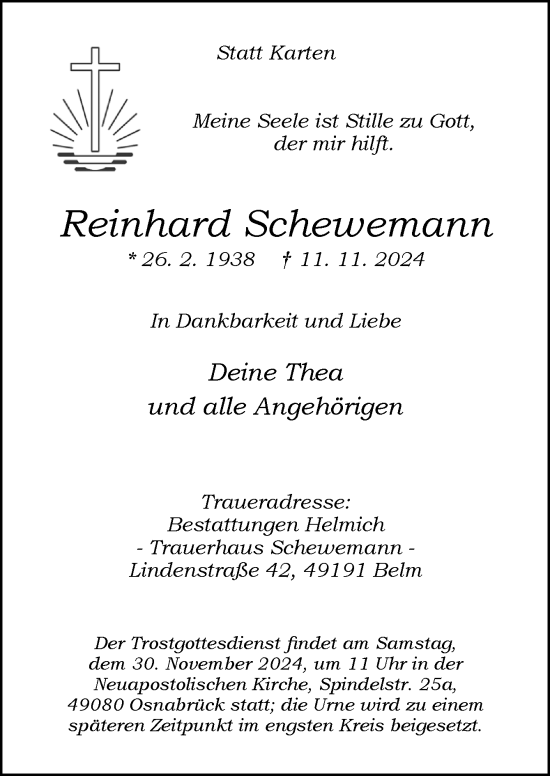 Traueranzeige von Reinhard Schewemann von Neue Osnabrücker Zeitung GmbH & Co. KG