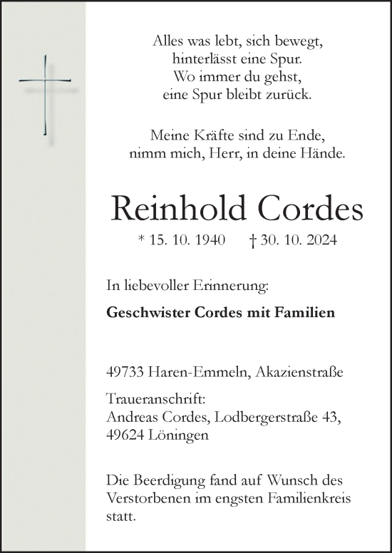 Traueranzeige von Reinhold Cordes von Neue Osnabrücker Zeitung GmbH & Co. KG