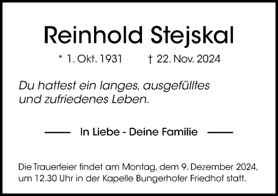 Traueranzeige von Reinhold Stejskal von DK Medien GmbH & Co. KG