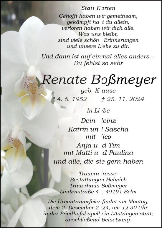 Traueranzeige von Renate Boßmeyer von Neue Osnabrücker Zeitung GmbH & Co. KG