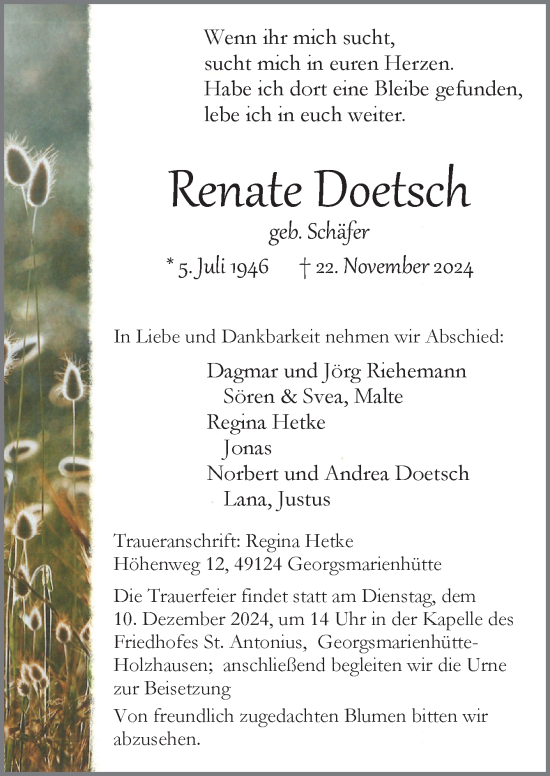 Traueranzeige von Renate Doetsch von Neue Osnabrücker Zeitung GmbH & Co. KG