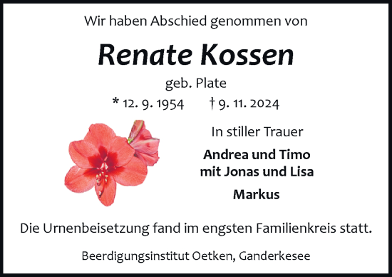 Traueranzeige von Renate Kossen von DK Medien GmbH & Co. KG
