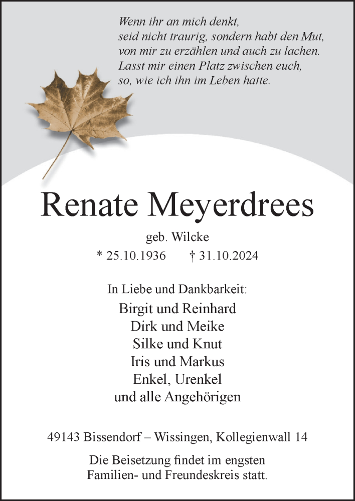  Traueranzeige für Renate Meyerdrees vom 09.11.2024 aus Neue Osnabrücker Zeitung GmbH & Co. KG