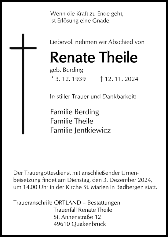 Traueranzeige von Renate Theile von Neue Osnabrücker Zeitung GmbH & Co. KG