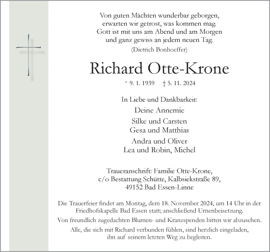 Traueranzeige von Richard Otte-Krone von Neue Osnabrücker Zeitung GmbH & Co. KG