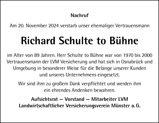 Traueranzeige von Richard Schulte to Bühne von Neue Osnabrücker Zeitung GmbH & Co. KG