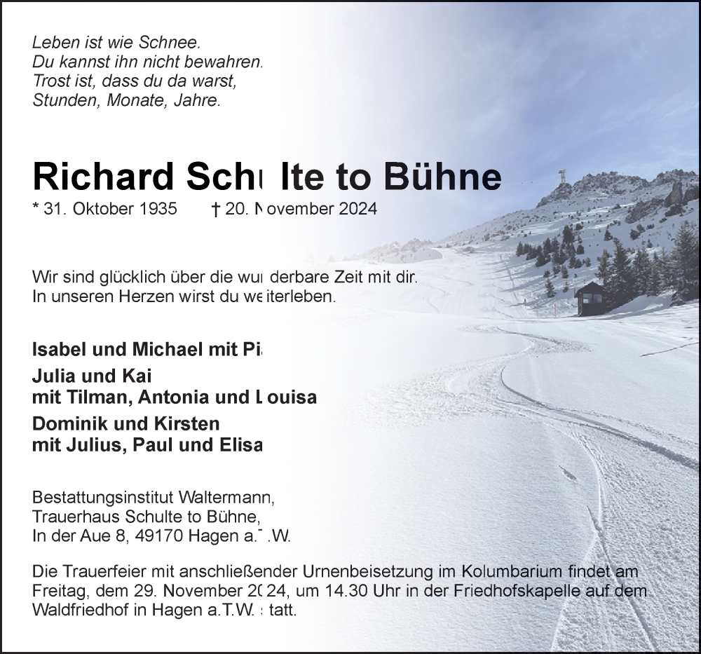 Traueranzeige für Richard Schulte to Bühne vom 23.11.2024 aus Neue Osnabrücker Zeitung GmbH & Co. KG