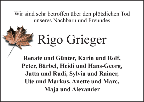 Traueranzeige von Rigo Grieger von DK Medien GmbH & Co. KG