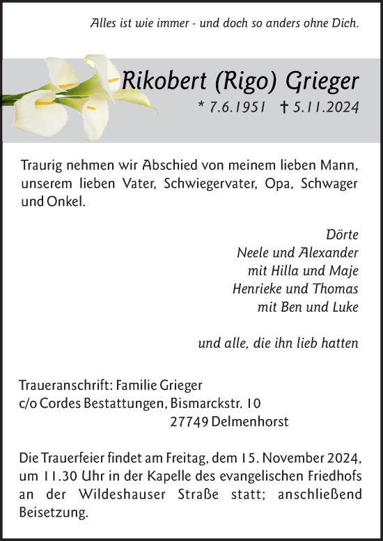 Traueranzeige von Rikobert Grieger von DK Medien GmbH & Co. KG