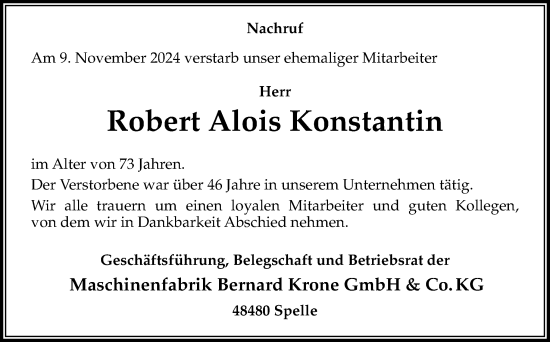 Traueranzeige von Robert Alois Konstantin von Neue Osnabrücker Zeitung GmbH & Co. KG