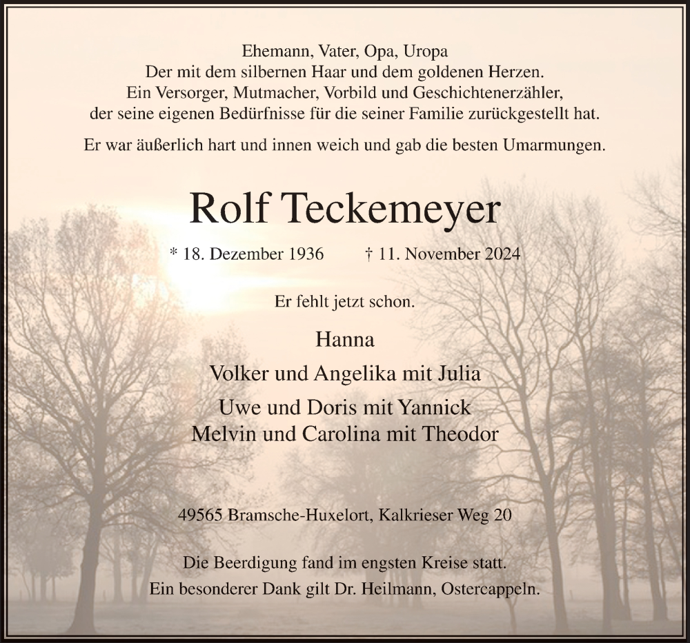  Traueranzeige für Rolf Teckemeyer vom 23.11.2024 aus Neue Osnabrücker Zeitung GmbH & Co. KG