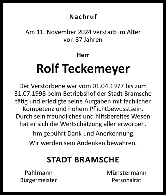 Traueranzeige von Rolf Teckemeyer von Neue Osnabrücker Zeitung GmbH & Co. KG