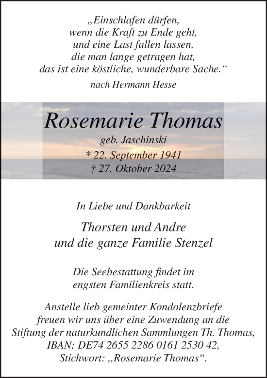 Traueranzeige von Rosemarie Thomas von Neue Osnabrücker Zeitung GmbH & Co. KG