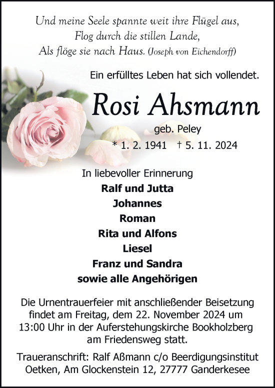 Traueranzeige von Rosi Ahsmann von DK Medien GmbH & Co. KG