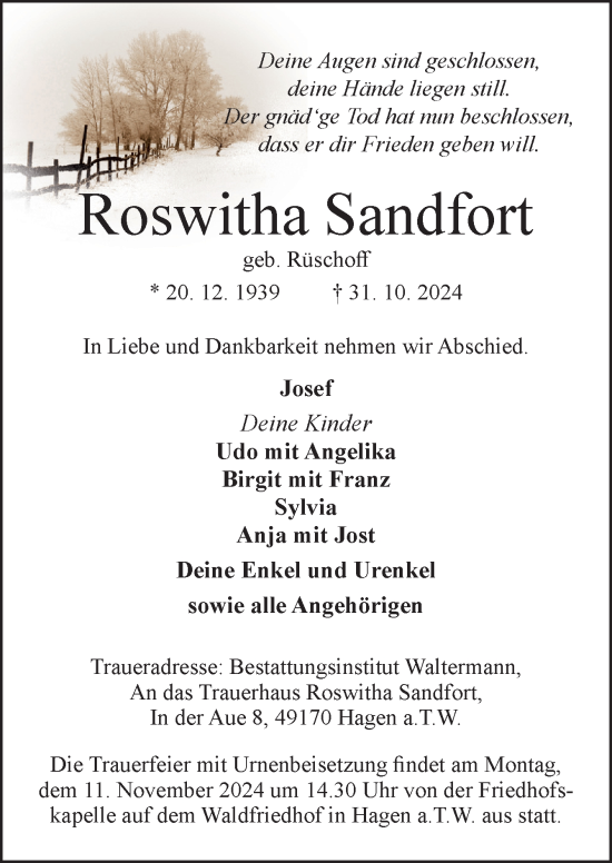 Traueranzeige von Roswitha Sandfort von Neue Osnabrücker Zeitung GmbH & Co. KG