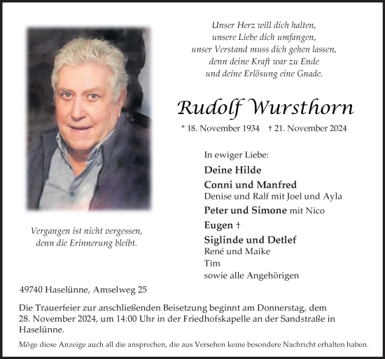 Traueranzeige von Rudolf Wursthorn von Neue Osnabrücker Zeitung GmbH & Co. KG