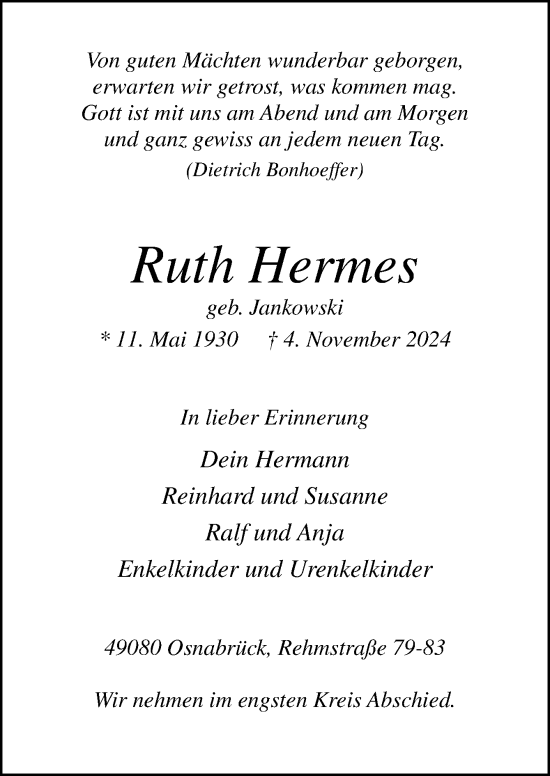 Traueranzeige von Ruth Heymes von Neue Osnabrücker Zeitung GmbH & Co. KG