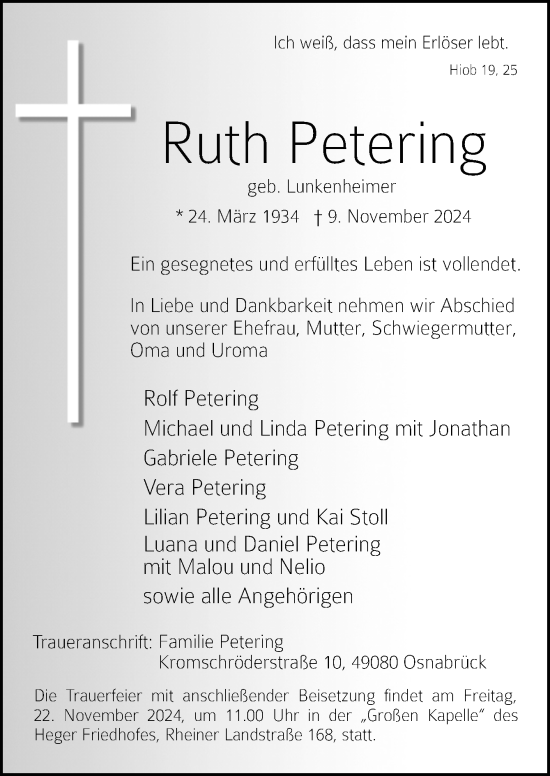 Traueranzeige von Ruth Petering von Neue Osnabrücker Zeitung GmbH & Co. KG