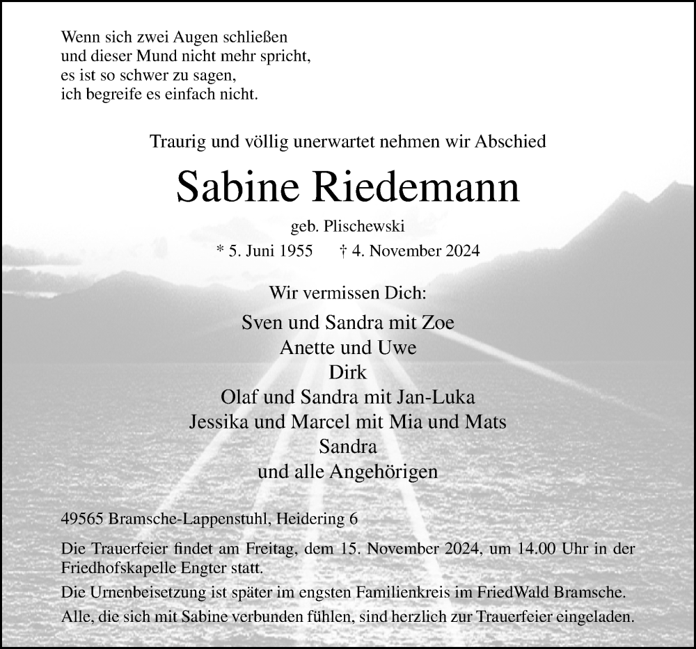  Traueranzeige für Sabine Riedemann vom 09.11.2024 aus Neue Osnabrücker Zeitung GmbH & Co. KG