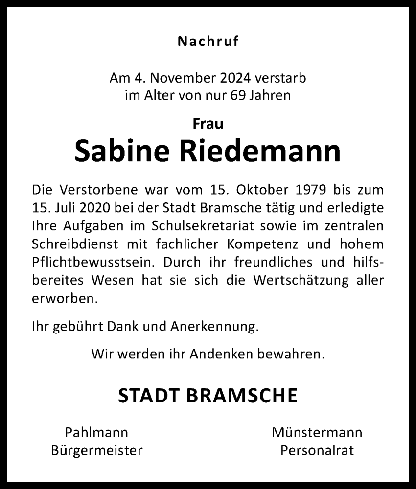  Traueranzeige für Sabine Riedemann vom 12.11.2024 aus Neue Osnabrücker Zeitung GmbH & Co. KG