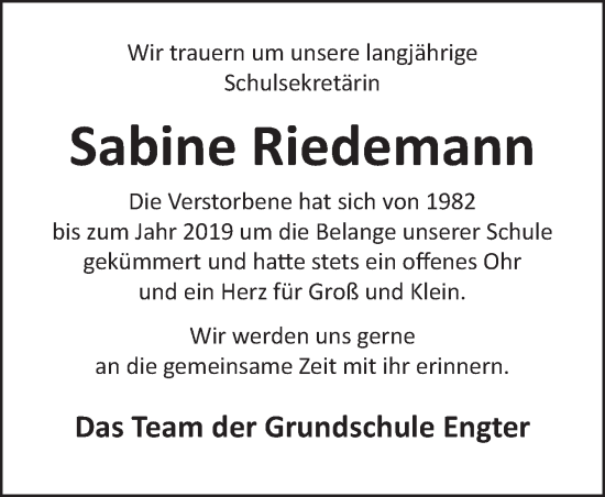 Traueranzeige von Sabine Riedemann von Neue Osnabrücker Zeitung GmbH & Co. KG