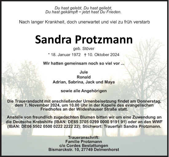 Traueranzeige von Sandra Protzmann von DK Medien GmbH & Co. KG