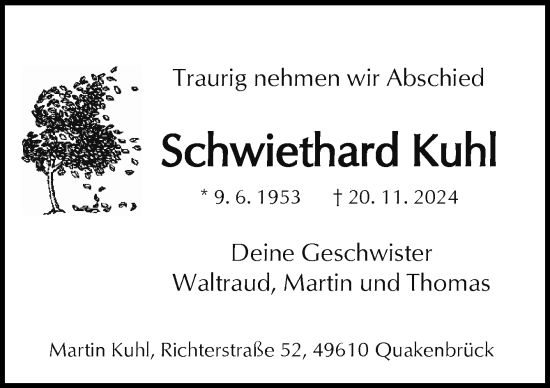 Traueranzeige von Schwiethard Kuhl von Neue Osnabrücker Zeitung GmbH & Co. KG