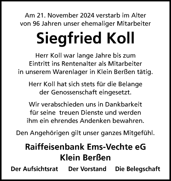 Traueranzeige von Siegfried Koll von Neue Osnabrücker Zeitung GmbH & Co. KG