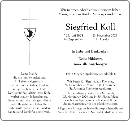 Traueranzeige von Siegfried Koll von Neue Osnabrücker Zeitung GmbH & Co. KG