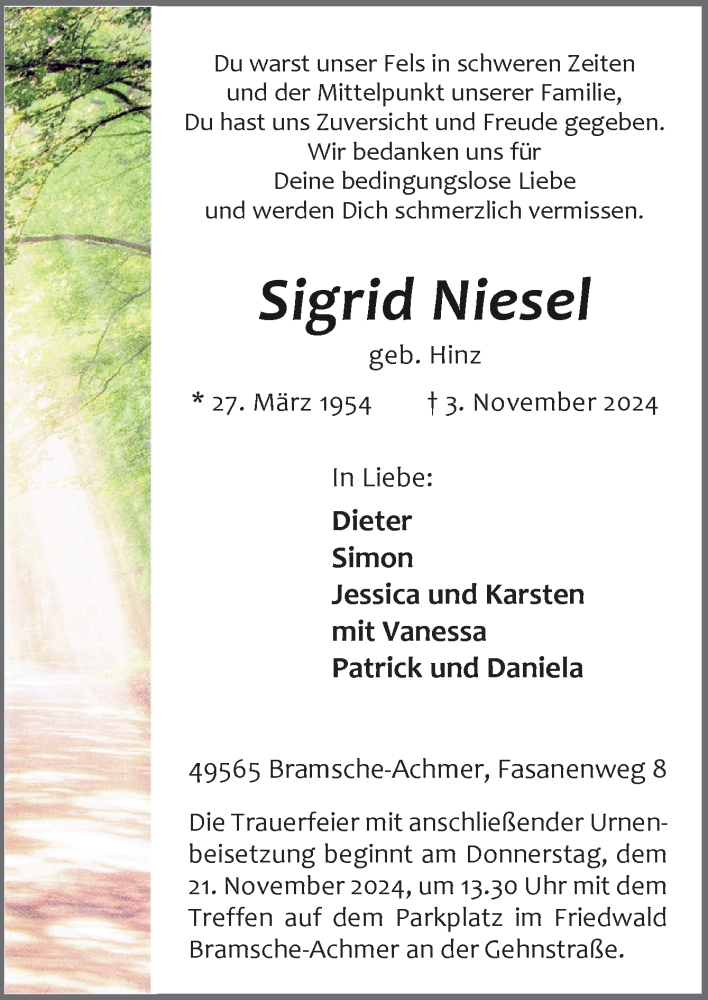  Traueranzeige für Sigrid Niesel vom 18.11.2024 aus Neue Osnabrücker Zeitung GmbH & Co. KG