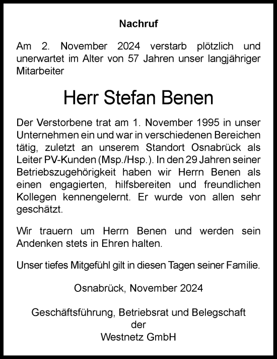 Traueranzeige von Stefan Benen von Neue Osnabrücker Zeitung GmbH & Co. KG