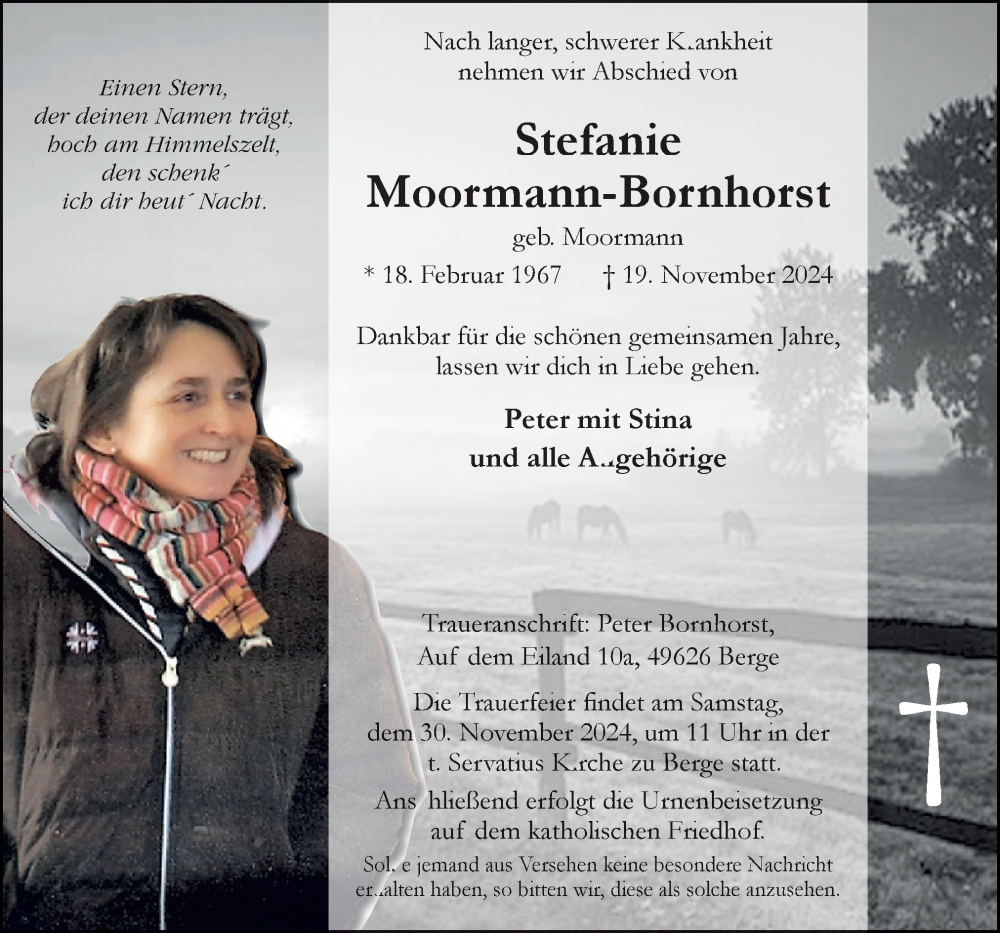  Traueranzeige für Stefanie Moormann-Bornhorst vom 23.11.2024 aus Neue Osnabrücker Zeitung GmbH & Co. KG