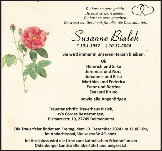 Traueranzeige von Susanne Bialek von DK Medien GmbH & Co. KG