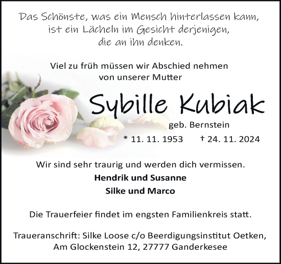 Traueranzeige von Sybille Kubiak von DK Medien GmbH & Co. KG