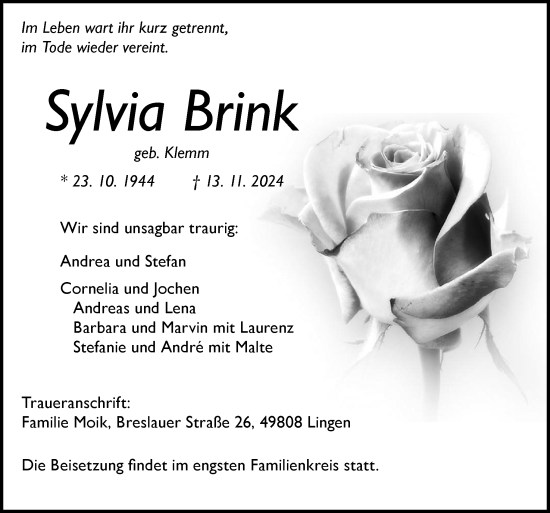 Traueranzeige von Sylvia Brink von Neue Osnabrücker Zeitung GmbH & Co. KG