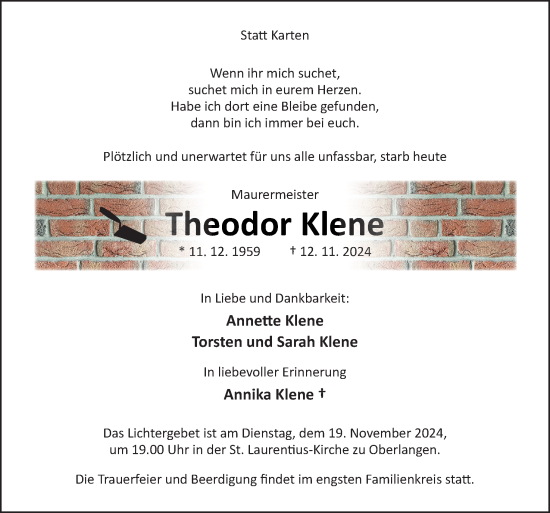 Traueranzeige von Theodor Klene von Neue Osnabrücker Zeitung GmbH & Co. KG